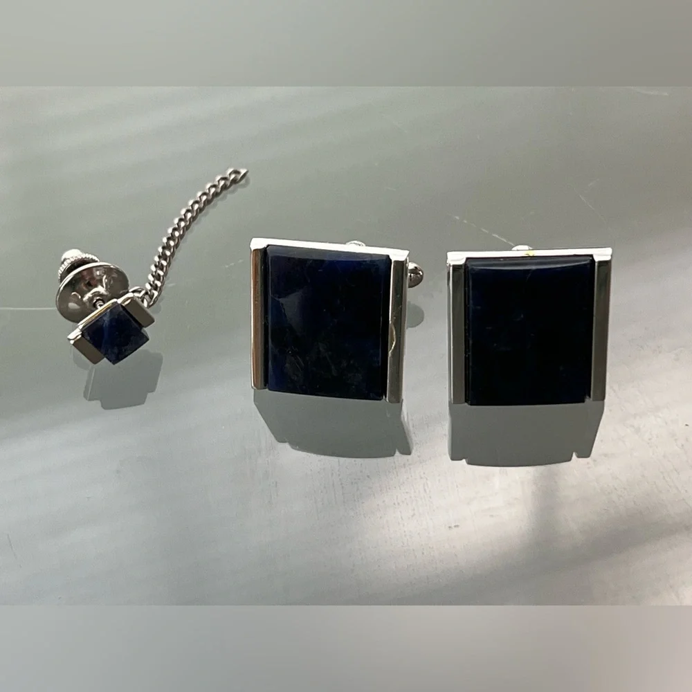🔹Vintage Set of Genuine Sodalite Cufflinks & Matching Tie Tack — Blue / Silver